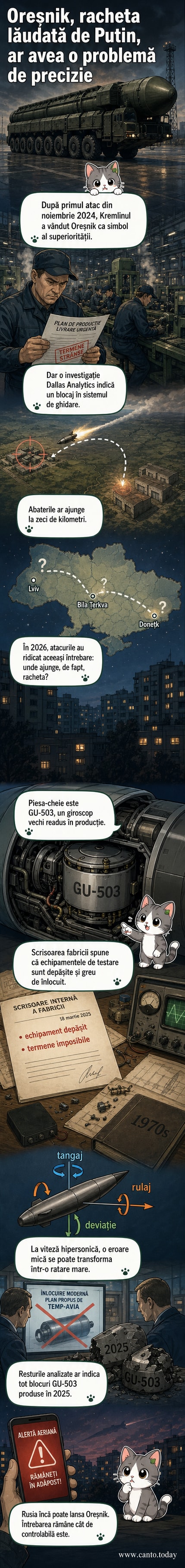 Ilustrație a unei rachete Oreshnik în zbor, cu traiectorie instabilă, în apropierea unui oraș ucrainean, subliniind problema de ghidare.