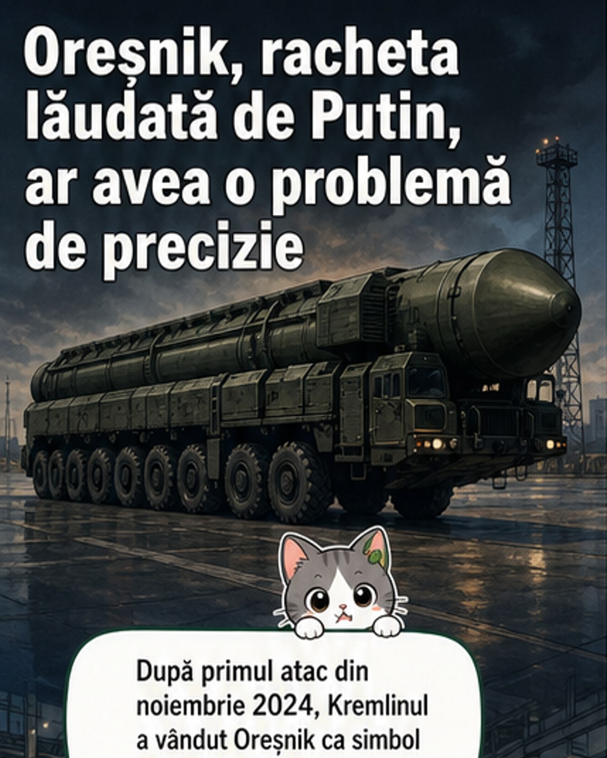 Ilustrație a unei rachete Oreshnik în zbor, cu traiectorie instabilă, în apropierea unui oraș ucrainean, subliniind problema de ghidare.
