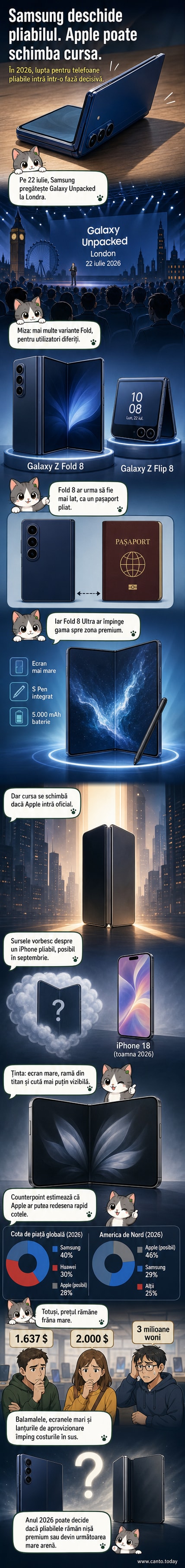 Două telefoane pliabile alăturate: un Samsung Galaxy Fold și un posibil design de iPhone pliabil, cu ecrane deschise și chenare din titan