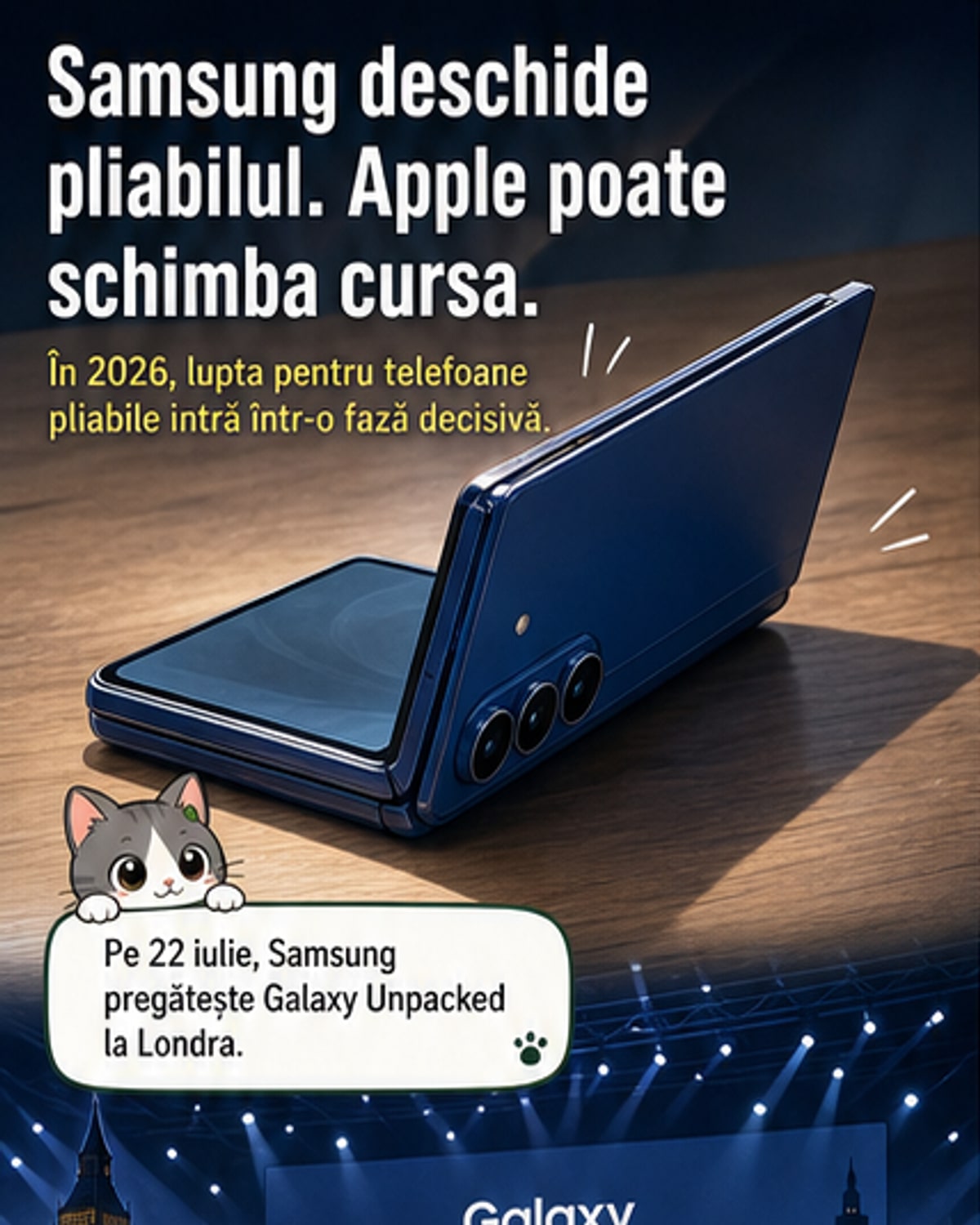 Două telefoane pliabile alăturate: un Samsung Galaxy Fold și un posibil design de iPhone pliabil, cu ecrane deschise și chenare din titan