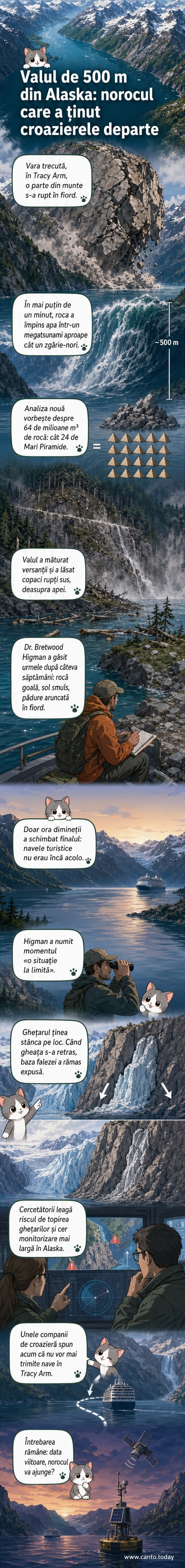 Ilustrație webtoon care arată o alunecare de teren masivă într-un fiord din Alaska, generând un megatsunami de aproape 500 de metri, cu copaci smulși și nave în fundal.