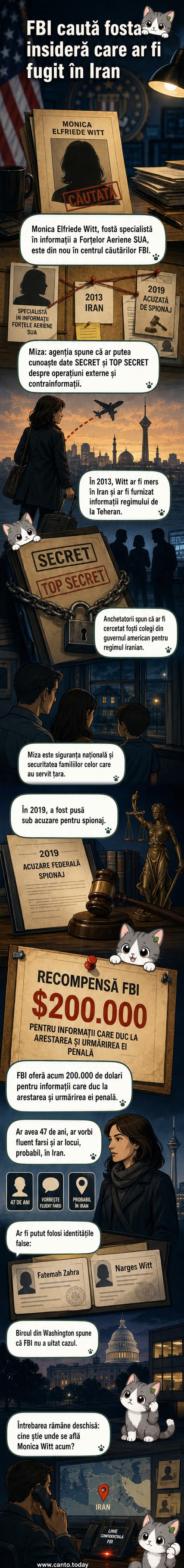Ilustrație stilizată a unei femei cu păr scurt, privind în spate, într-un aeroport, cu un pașaport fals în mână, în fundal un zid cu afișe de căutare cu chipul ei.