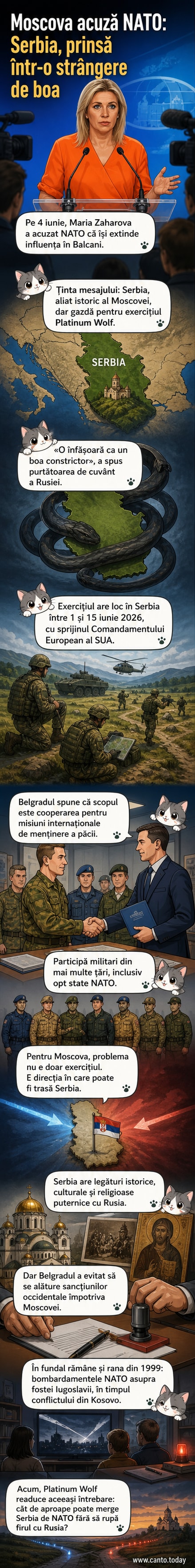 Ilustrație care reprezintă un șarpe boa înfășurând o hartă a Serbiei, cu simboluri ale NATO în fundal.