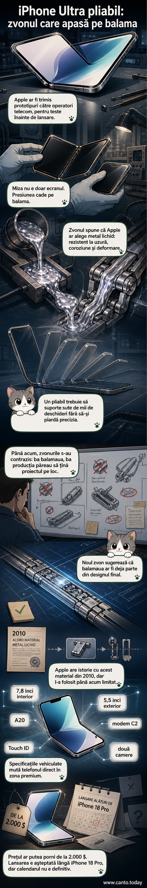 Ilustrație a unui iPhone pliabil cu balama din metal lichid, deschis pe o suprafață albă, cu detalii tehnice evidențiate