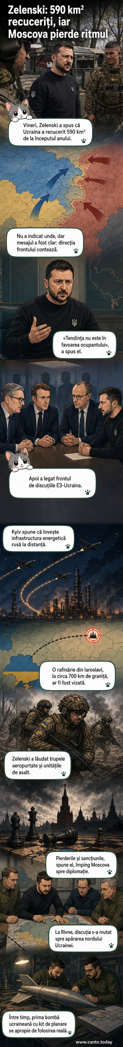Ilustrație care reprezintă o hartă a Ucrainei cu zonele recucerite marcate, alături de siluete de soldați și avioane militare.