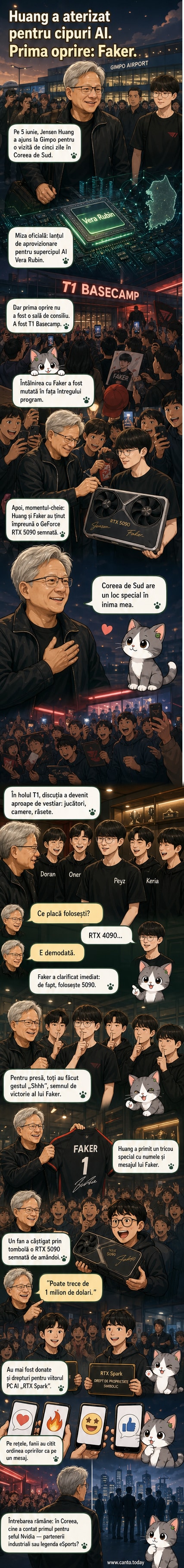 Jensen Huang, CEO-ul Nvidia, dă mâna cu Faker în fața unei plăci grafice RTX 5090 semnate, înconjurat de membrii echipei T1.