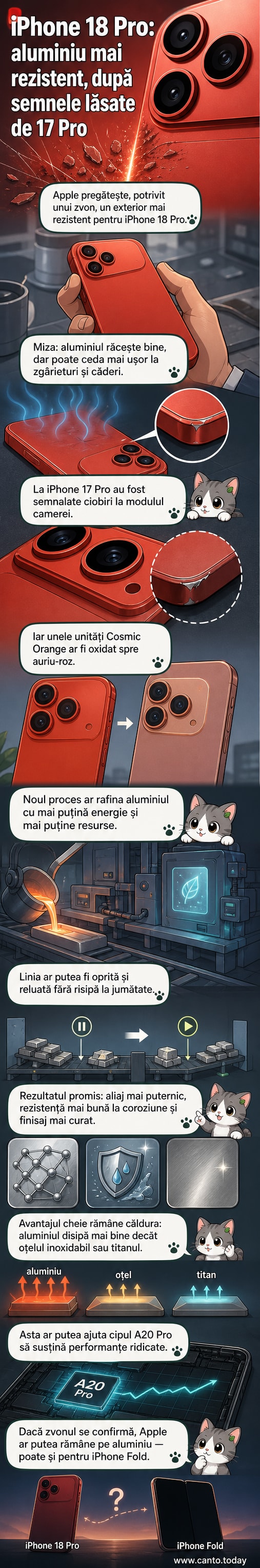 Ilustrație a unui iPhone 18 Pro cu carcasă din aluminiu îmbunătățit, alături de diagrame care arată procesul de rafinare și rezistența la zgârieturi.