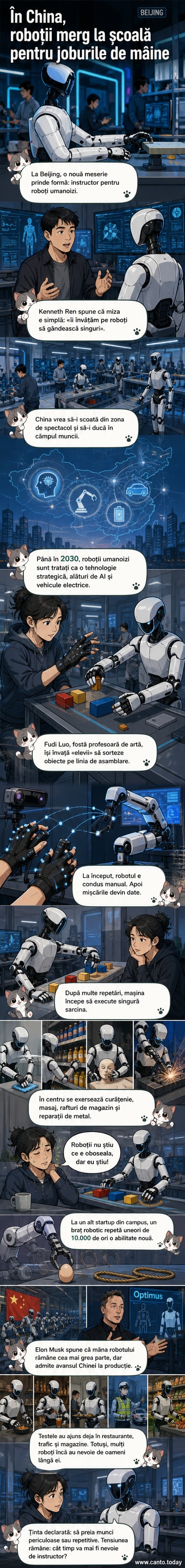 O femeie într-o sală de antrenament folosește un controller pentru a ghida un robot umanoid într-o mișcare repetitivă, într-un centru din Beijing.