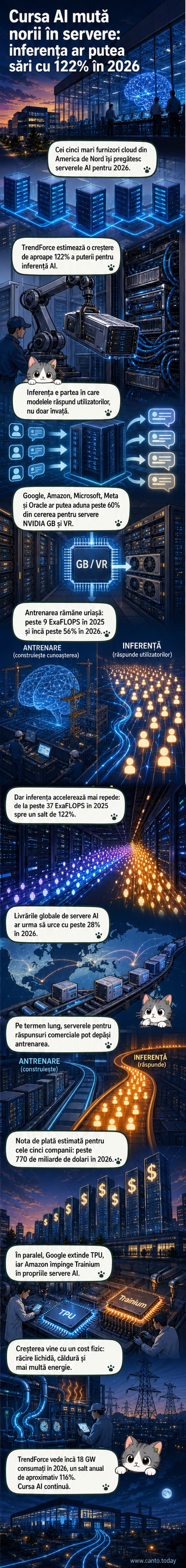 Ilustrație cu un centru de date modern, luminat intens, cu cipuri NVIDIA și fluxuri de date vizibile în fundal, simbolizând creșterea puterii de procesare AI.
