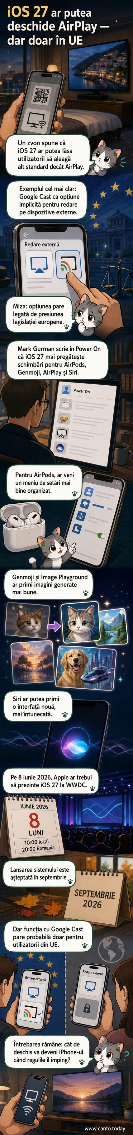 Ilustrație care arată un iPhone conectându-se la un smart TV prin Google Cast în loc de AirPlay, cu un semn al UE pe ecran.