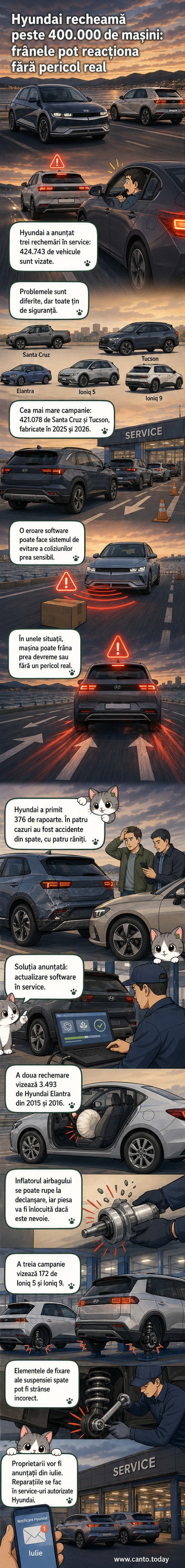 O mașină Hyundai parcată în fața unui centru de service, cu un mesaj de rechemare pe ecranul din bord.