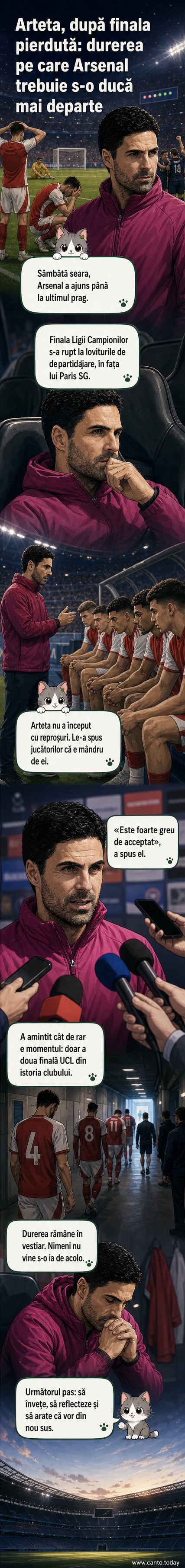 Mikel Arteta, antrenorul lui Arsenal, stând pe teren după înfrângerea în finala Ligii Campionilor, cu o expresie de dezamăgire.