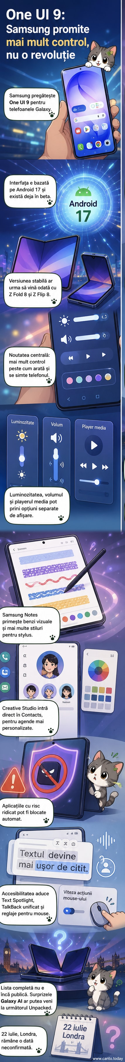 Ilustrație care arată interfața One UI 9 pe un telefon Samsung Galaxy, cu panouri pentru controlul luminozității, volumului și aplicațiile personalizate deschise.