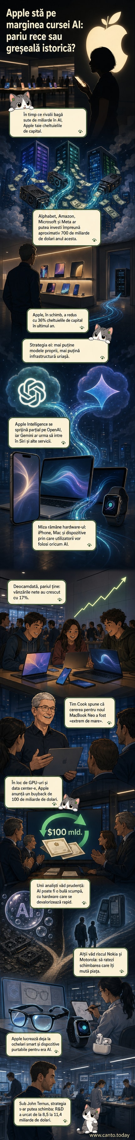 Ilustrație cu un iPhone în centru, înconjurat de GPU-uri, centre de date și logo-uri ale lui Microsoft, Amazon, Meta și Alphabet, în timp ce Apple stă în afara cercului.