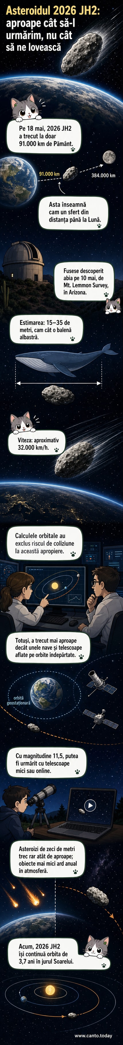 Ilustrare a unui asteroid mic trecând pe lângă Pământ, cu Luna în fundal și un satelit în prim-plan, subliniind proximitatea față de orbitele spațiale.