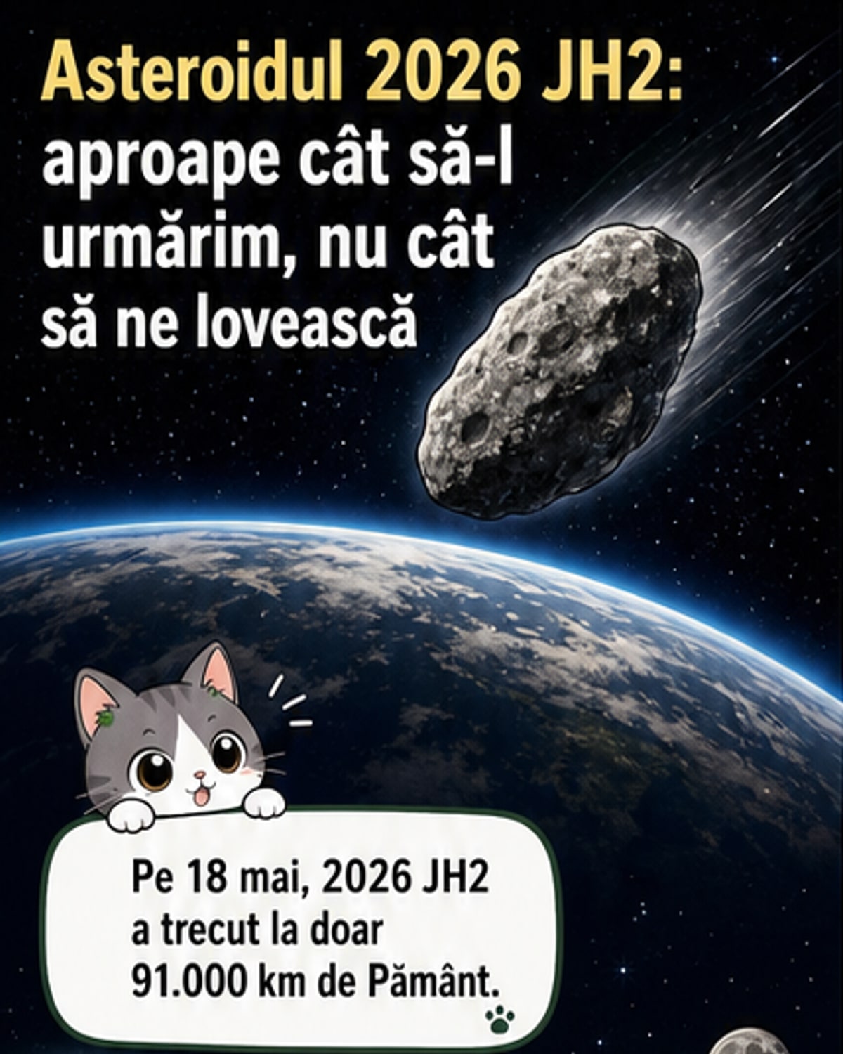 Asteroidul 2026 JH2 a zburat pe lângă Pământ