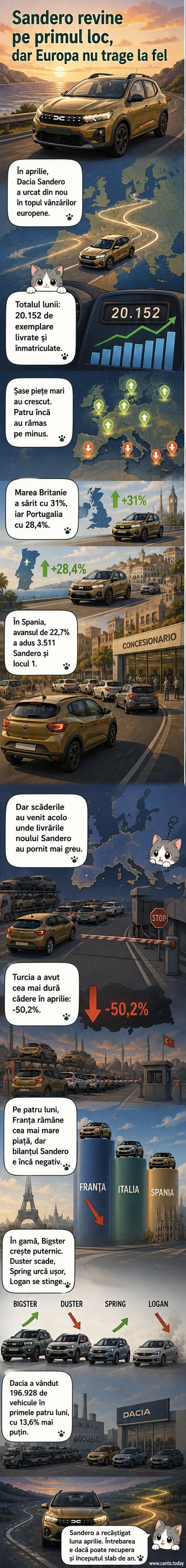 Grafic cu evoluția vânzărilor Dacia Sandero în cele mai mari 10 piețe din Europa în aprilie 2026, arătând creșteri în țări precum Marea Britanie și Portugalia și scăderi în Turcia și Germania.