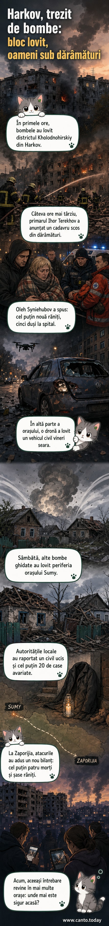 Ilustrație care reprezintă un bloc de locuințe avariat în Harkov, cu echipaje de intervenție în zonă, după un atac rusesc.