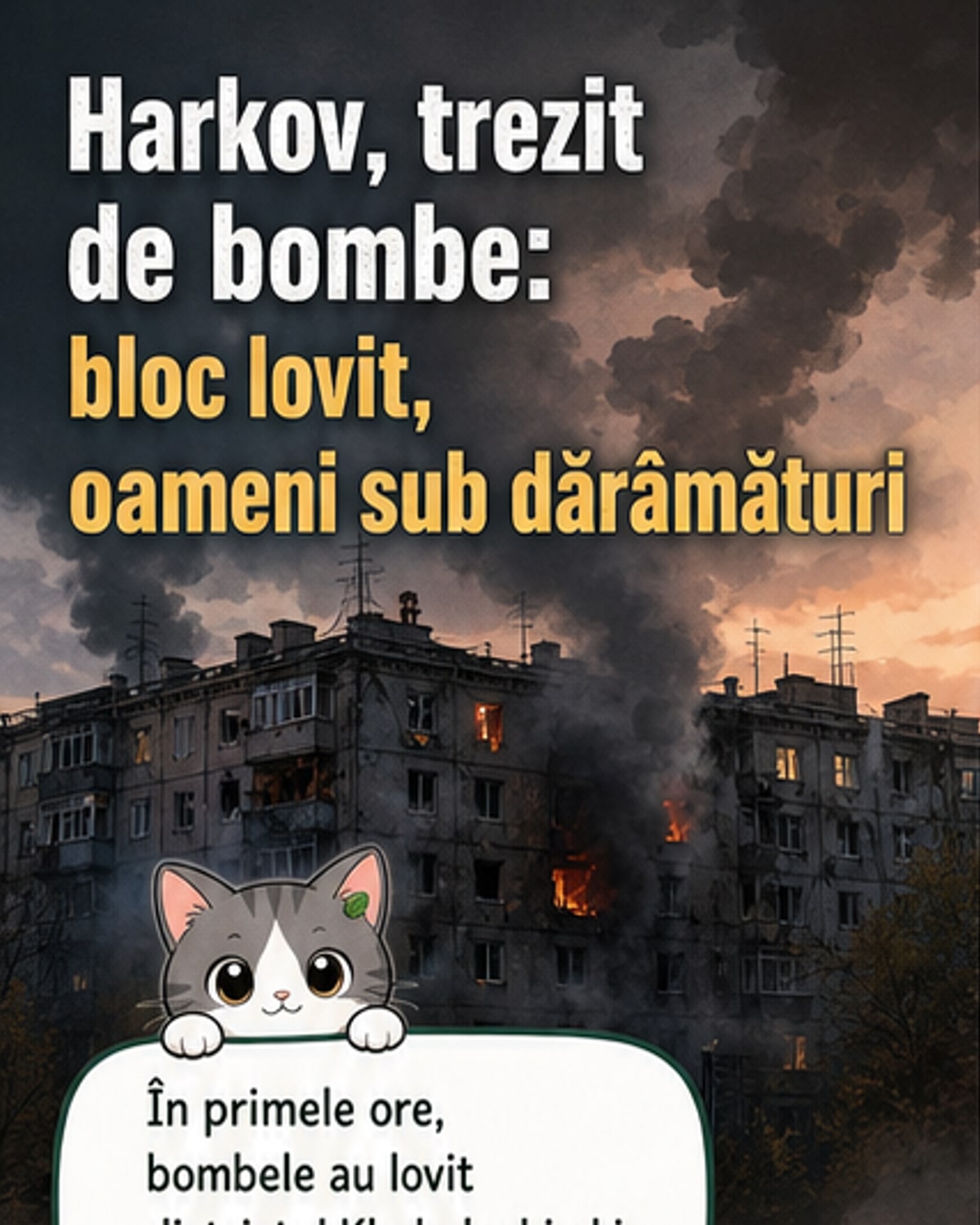 Ilustrație care reprezintă un bloc de locuințe avariat în Harkov, cu echipaje de intervenție în zonă, după un atac rusesc.