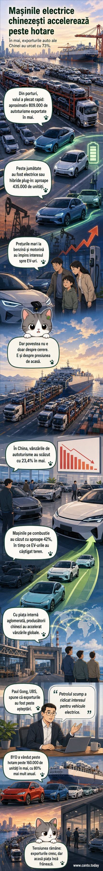 Infografic cu evoluția exporturilor de mașini electrice din China, evidențiind creșterea de 50% în luna mai și declinul vânzărilor interne.