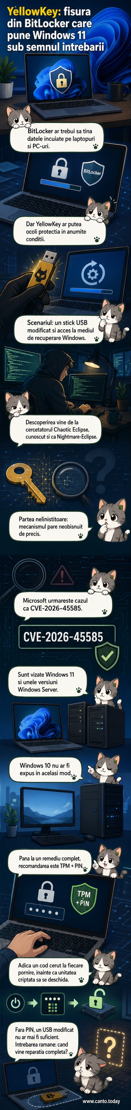 Ilustrație cu un laptop Windows 11 cu un stick USB roșu introdus, simbolizând o vulnerabilitate de securitate care ocolește criptarea BitLocker.
