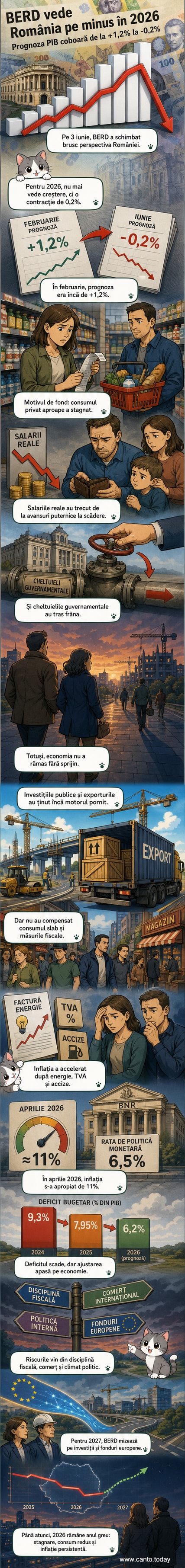 Ilustrație cu un grafic descendent al PIB-ului României, alături de simboluri pentru inflație, facturi energetice scumpe și buget deficitar.
