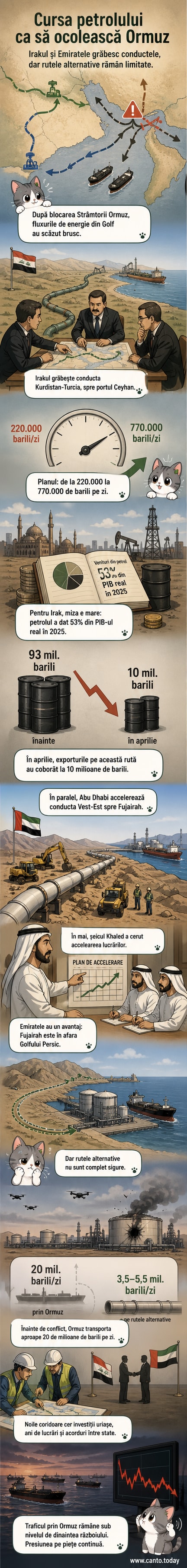 Hartă schematică cu două conducte petroliere: una din nordul Irakului spre Ceyhan, Turcia, și alta din Abu Dhabi spre Fujairah, Evitând Strâmtoarea Ormuz.