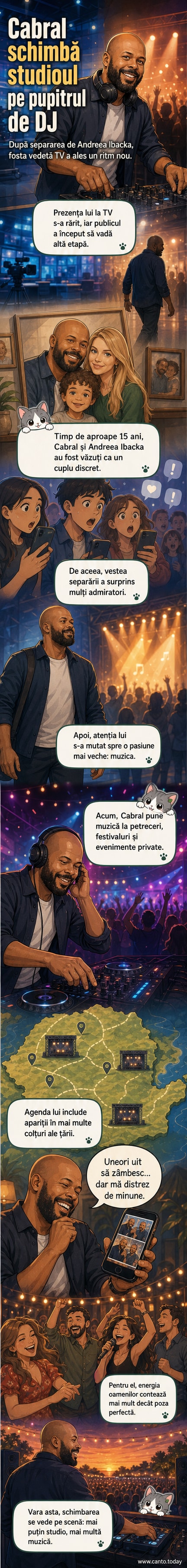 Ilustrație stilizată a lui Cabral în fața unei consolă de DJ, cu lumini colorate în fundal și o mulțime dansând, sugerând o nouă etapă în carieră.