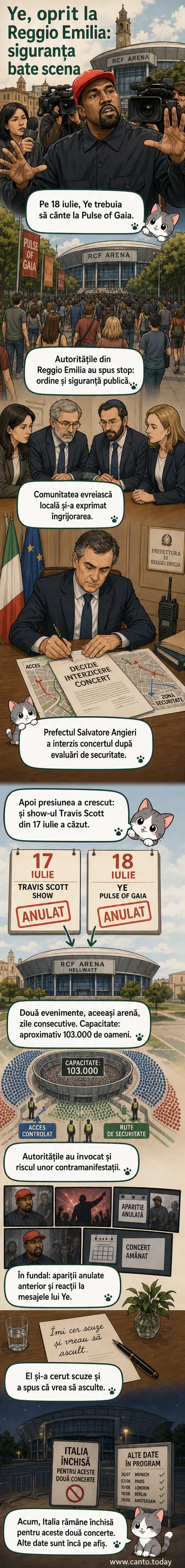 Două afișe de concert anulate, cu fețele lui Kanye West și Travis Scott, în fața unei arene mari din Italia