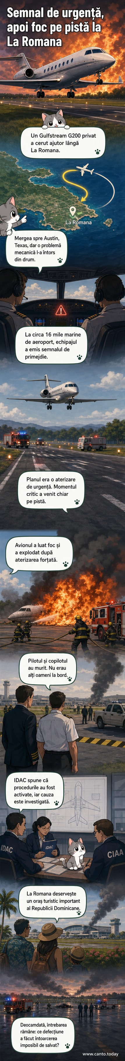 Imaginile arată un avion Gulfstream G200 în flăcări pe pista Aeroportului La Romana din Republica Dominicană, după o aterizare forțată.