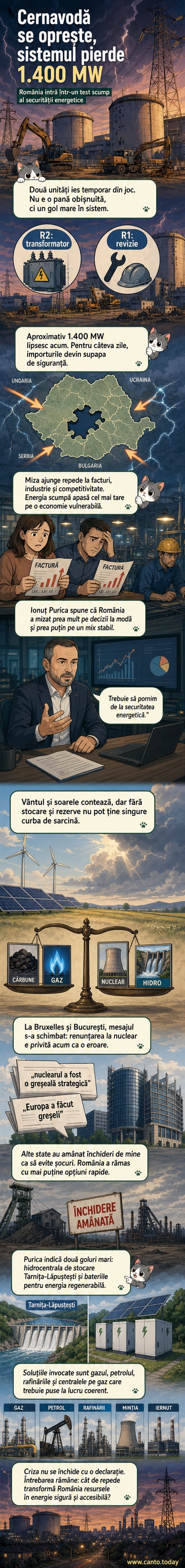 Ilustrație reprezentând o centrală nucleară închisă, cu linii de curent întrerupte și facturi energetice crescânde peste un oraș românesc.
