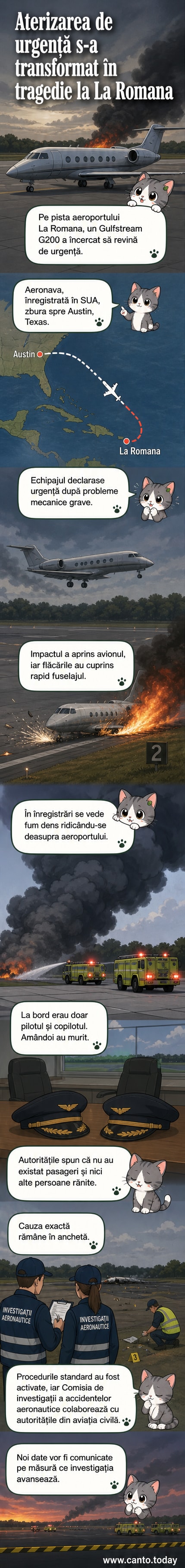 Avion privat în flăcări pe pista aeroportului din La Romana, Republica Dominicană, cu coloane de fum în fundal și echipaje de intervenție în apropiere.