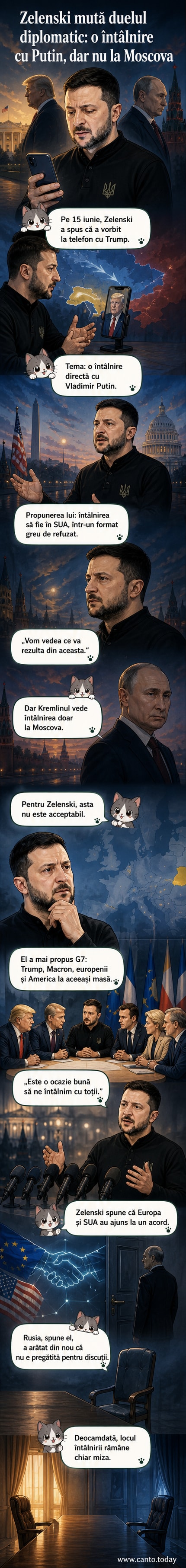 Ilustrație cu Zelenski și Putin privindu-se din capete opuse ale unei mese, cu Trump și Macron în fundal, într-un decor care sugerează o întâlnire diplomatică în SUA.