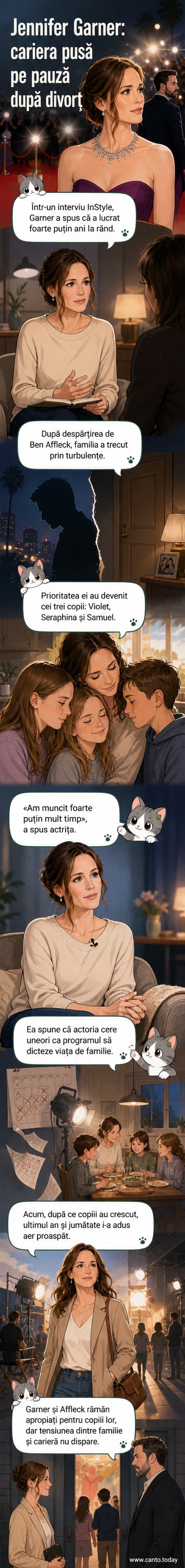 Ilustrație stilizată cu Jennifer Garner într-o scenă introspectivă, cu un cadru de familie în fundal și un platou de film în stânga, sugerând tensiunea dintre carieră și viața personală.