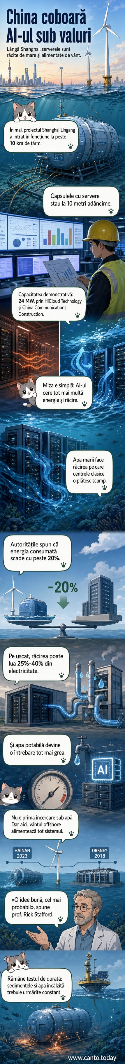 Reprezentare ilustrativă a unui centru de date subacvatic lângă o fermă eoliană offshore, în largul coastei Shanghai-ului.