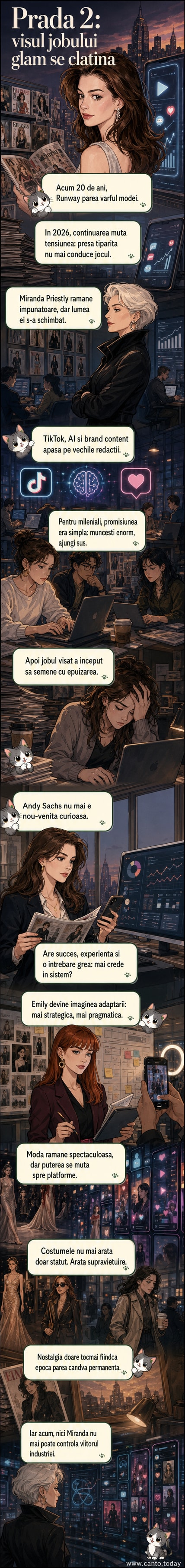 Două cadre din filmul „Diavolul se îmbracă de la Prada 2”: Miranda Priestly privind solemn spre redacție și Andy Sachs într-un hol modern, cu un aer obosit.
