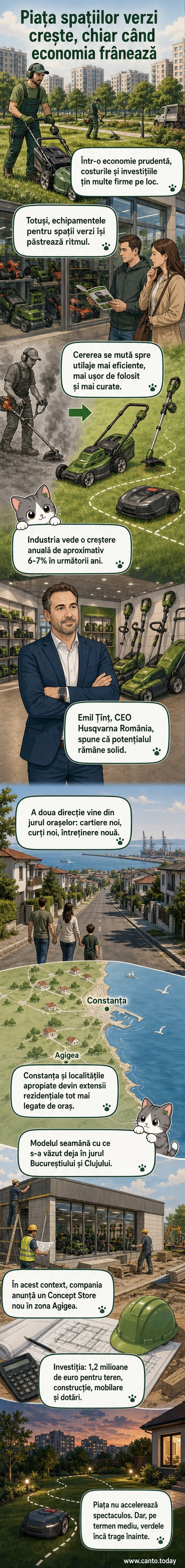Un grădinar folosește un utilaj electric într-un cartier rezidențial nou, cu un magazin modern în fundal, simbolizând creșterea pieței echipamentelor pentru spații verzi în România.