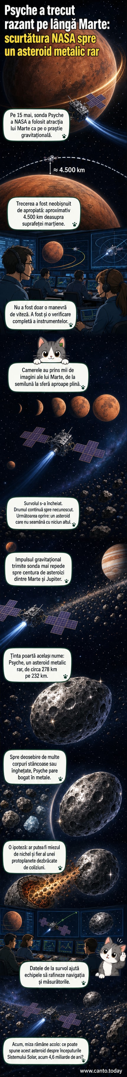 Ilustrare NASA a sondei Psyche în apropierea lui Marte, cu planeta roșie în fundal și traiectoria gravitațională marcată.