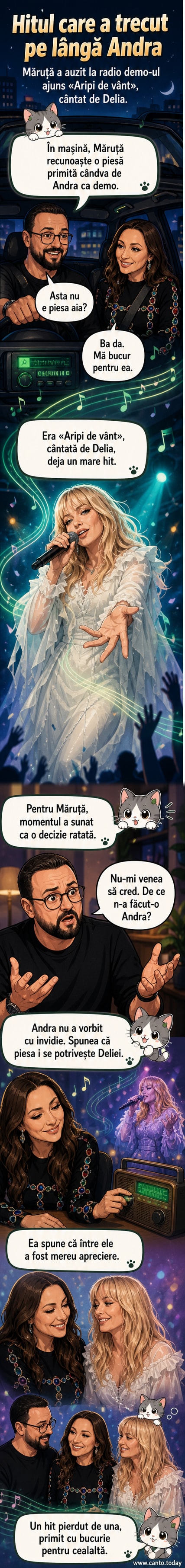 Ilustrație stilizată cu Cătălin Măruță în mașină ascultând radio, surprins de melodia „Aripi de vânt” interpretată de Delia, în timp ce Andra zâmbește lângă el.