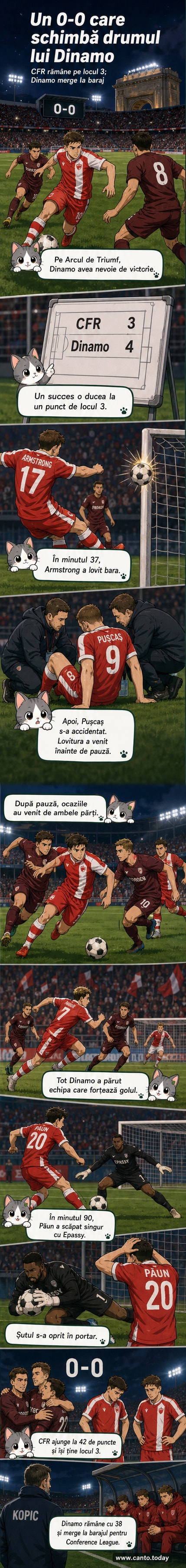 Ilustrație cu un stadion de fotbal plin, cele două echipe, Dinamo și CFR Cluj, în fața porților, scorul 0-0 afișat pe tabla de marcaj.