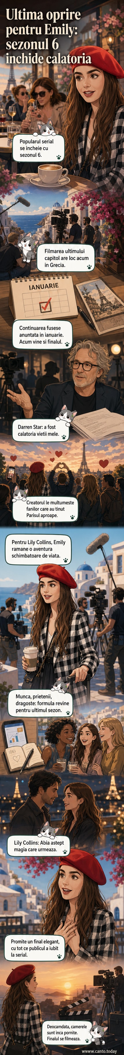 Ilustrație de stil comic: Emily stând pe un pod în Paris, cu valiza în mână, privind spre un zâmbet de final, înconjurată de siluetele Parisului și un mesaj de rămas-bun.