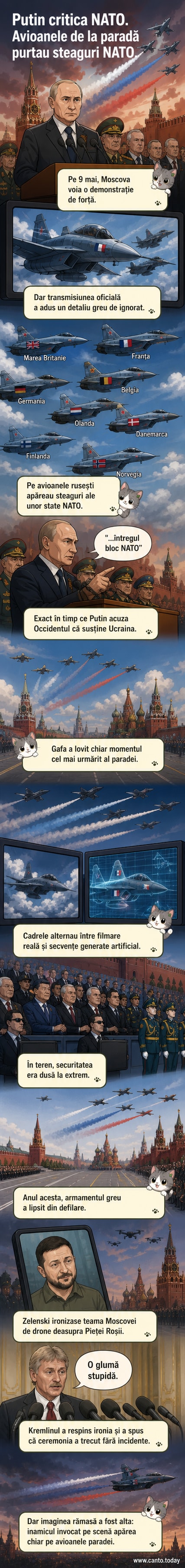 O imagine generată cu AI arată avioane rusești de luptă cu steaguri ale unor țări NATO în timpul paradei de la Moscova.