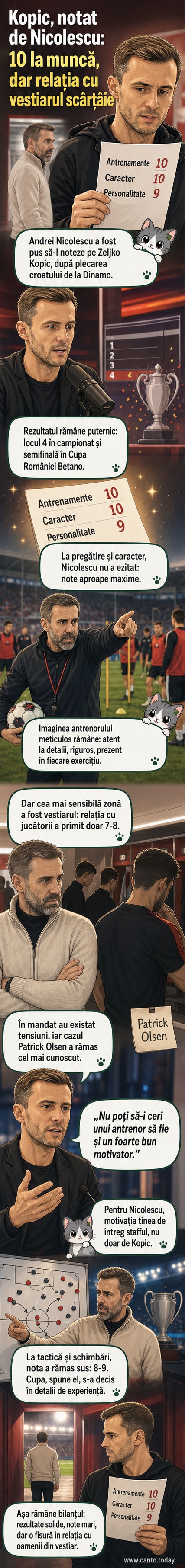 Ilustrație cu președintele Dinamo, Andrei Nicolescu, oferind o foaie de evaluare lui Zeljko Kopic, într-un birou de club, cu fundal de stadion și jucători.