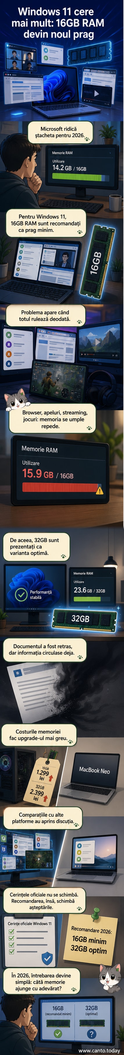 Ilustrație cu un calculator modern care arată consumul crescut de RAM din 2026, cu aplicații multiple deschise: browser cu 20 de tab-uri, videoconferință, muzică și joc.