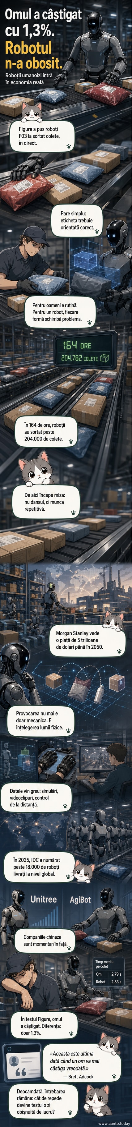 Un robot umanoid al companiei Figure sortează colete într-un depozit logistic, comparat cu un angajat uman în fundal.