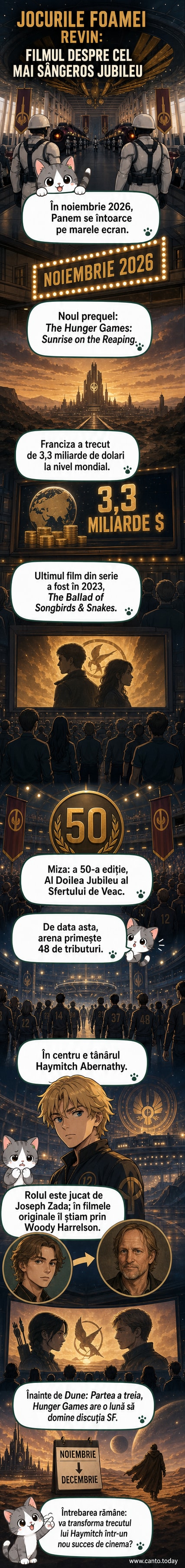 Ilustrare stilizată a unui tribut cu arcul ridicat într-o arenă devastată, sub un cer roșu, cu siluete de spectatori în fundal.