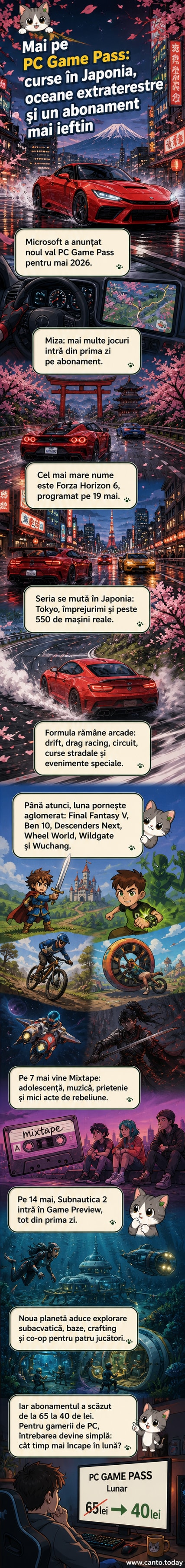 Ilustrație cu mașini de curse din Forza Horizon 6 și o navă subacvatică din Subnautica 2, pe fundalul unui oraș japonez și al unei oceane extraterestre.