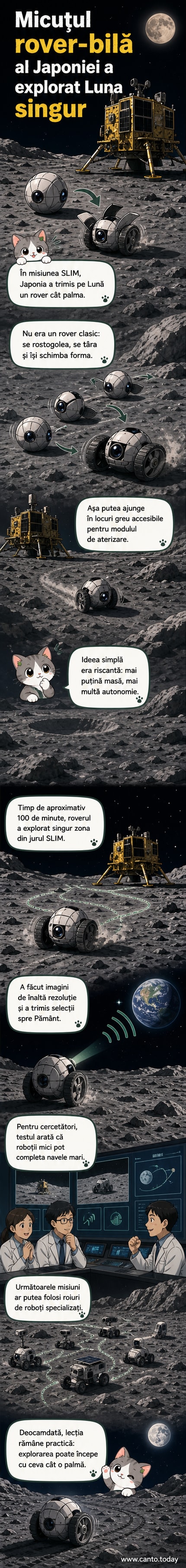 Ilustrație a unui rover sferic japonez rostogolindu-se pe suprafața lunară, lângă modulul de aterizare SLIM, sub un cer stelat.