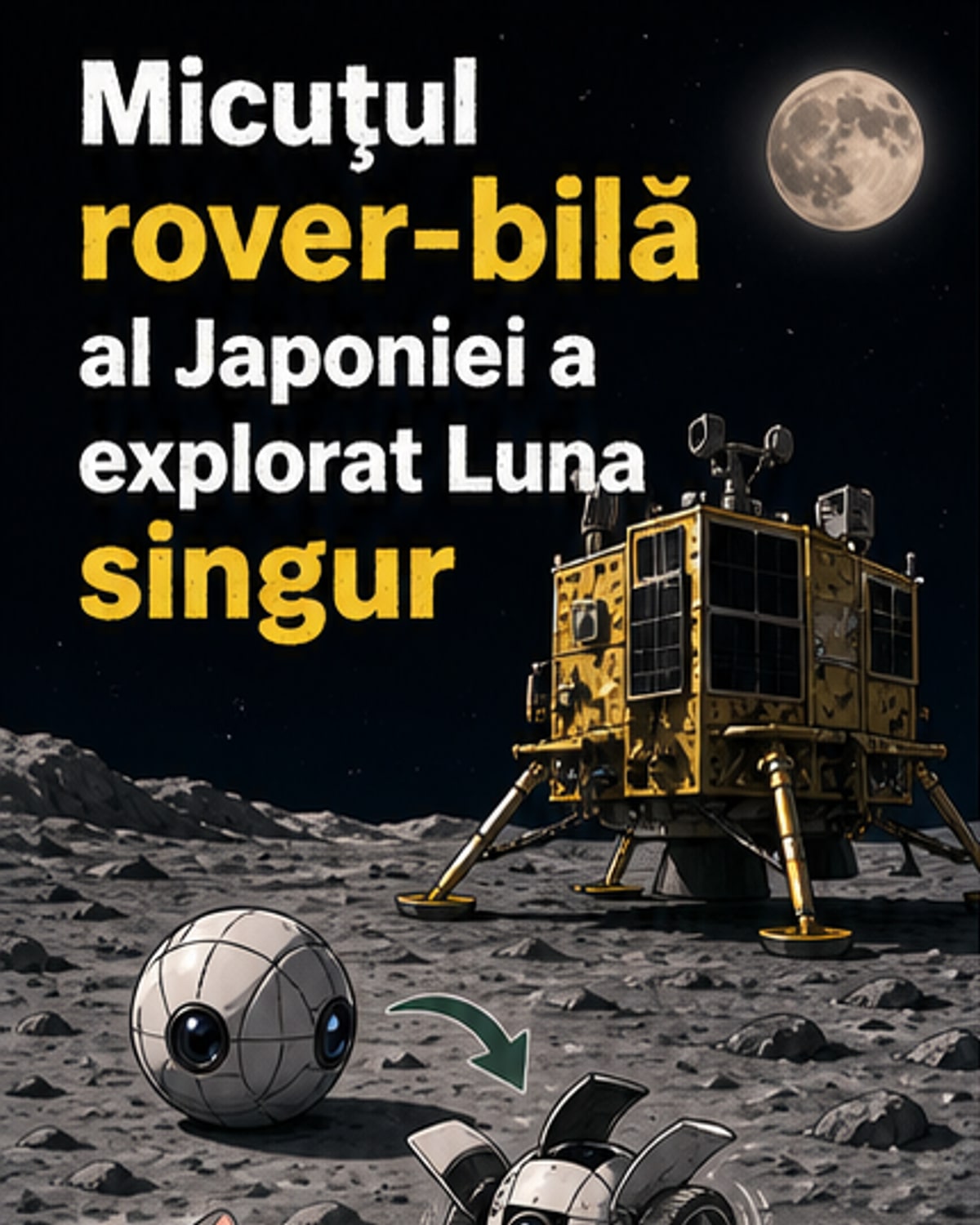 Ilustrație a unui rover sferic japonez rostogolindu-se pe suprafața lunară, lângă modulul de aterizare SLIM, sub un cer stelat.