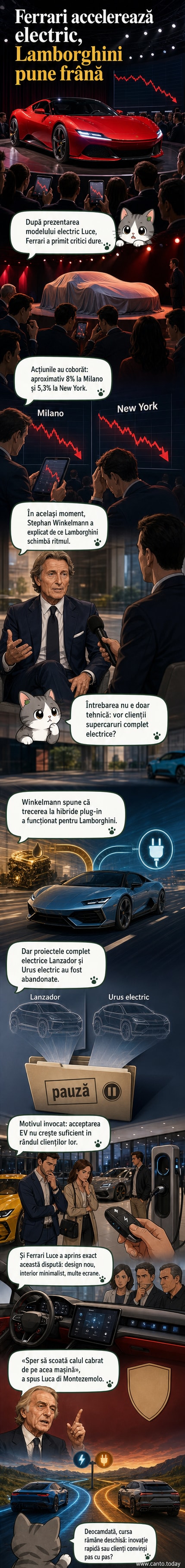 Ilustrație care compară designul tradițional Ferrari cu noul model Luce minimalist și ecranele dominante din interior, alături de un SUV Lamborghini cu sigla hibrid.